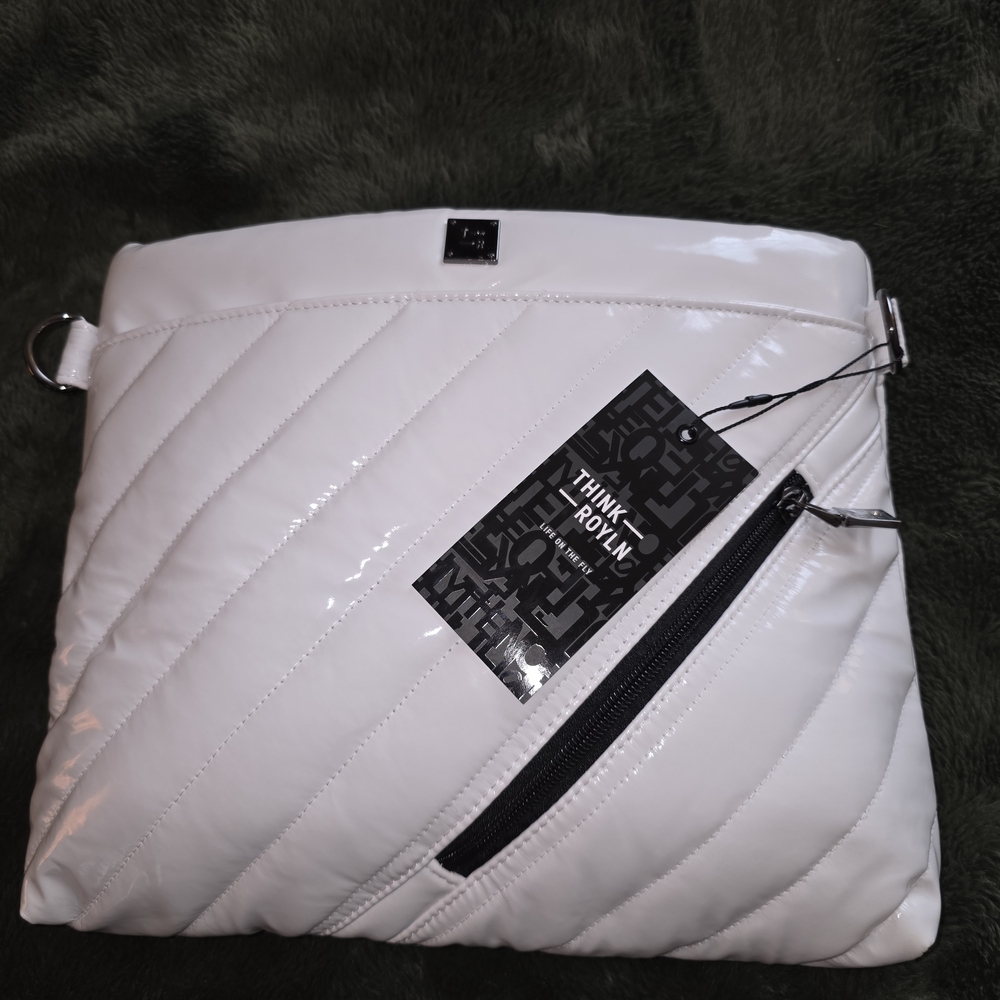THINK ROYLN Glossy White Bag with Electric Blue Interior